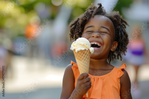 Sweet Delight  Portrait of a Beautiful Smiling Little Black Girl Enjoying Ice Cream