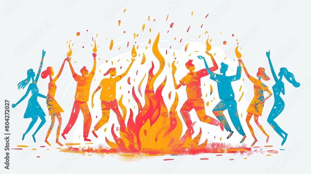 Flat cartoon illustration of group of people dancing together around a fire celebrating