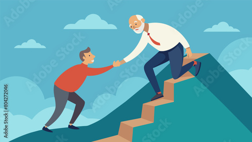 An older gentleman offering his hand to help a struggling fellow club member up a steep incline on their walk showing the strong bond within the. Vector illustration