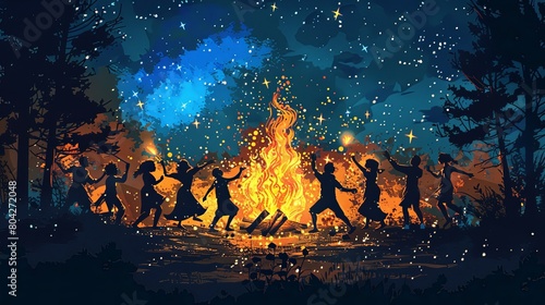 Men and women dancing aroung fire at night under the sky