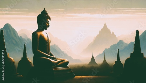 Illustration of tranquil scene for wesak day with buddha statue in temple. photo