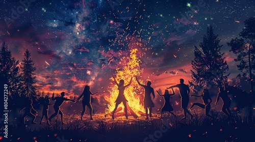 Cartoon illustration of people dancing at festival celebrating around campfire at night photo