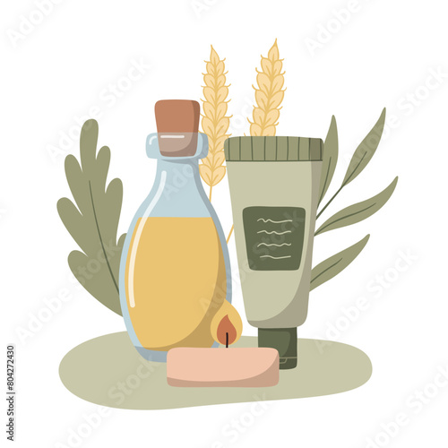 Vector flat hand drawn composition with organic skincare products