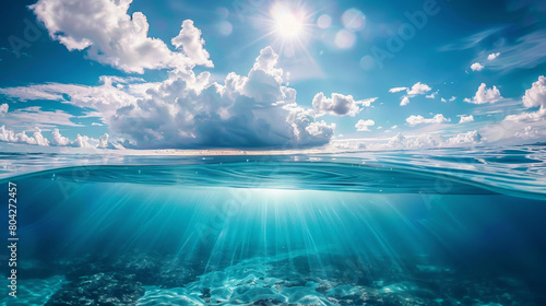 A vivid underwater seascape with light rays shining through the water surface, highlighting the beauty of the ocean