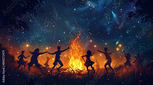 Cartoon illustration of happy people dancing and jumping celebrating around fire