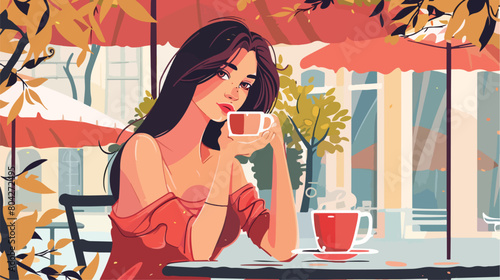 Beautiful young woman drinking tea in outdoor cafe vector