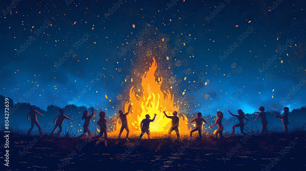 Illustration of many people dancing together around fire at night