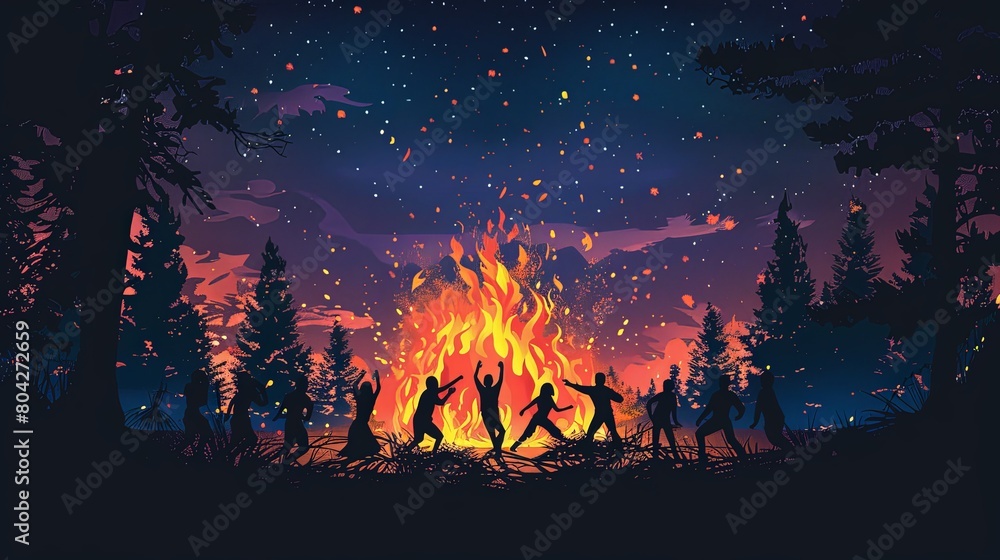 Group of people dancing and jumping together around fire at night under the sky