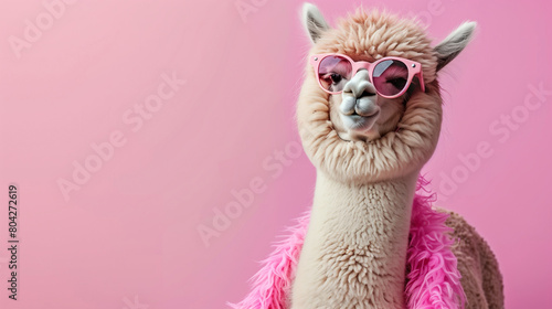 Creative animal concept. Alpaca in glam fashionable couture high end outfits isolated on bright background advertisement  copy space. birthday party invite invitation banner  