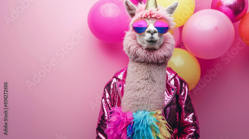 Creative animal concept. Alpaca in glam fashionable couture high end outfits isolated on bright background advertisement, copy space. birthday party invite invitation banner   © Guru