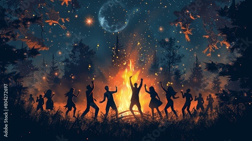 Cartoon illustration of people celebrating around a fire dancing together © Barosanu