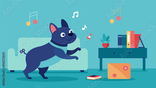 A sassy French bulldog excitedly bounces around his owners living room as an AIbased pet mood enhancer plays fun and upbeat songs to match his. Vector illustration