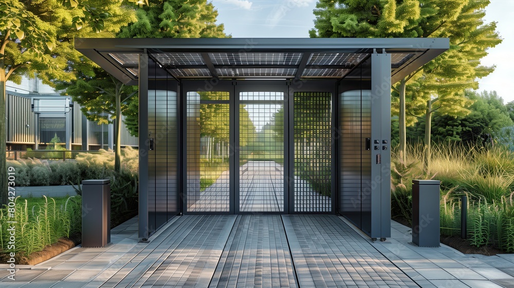 Modern entrance with a solar-powered gate and a recycled glass walkway Modern entrance with a solar-powered gate and a recycled glass walkway