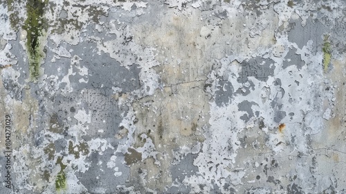Weathered Concrete Wall with Peeling Paint and Moss Growth
