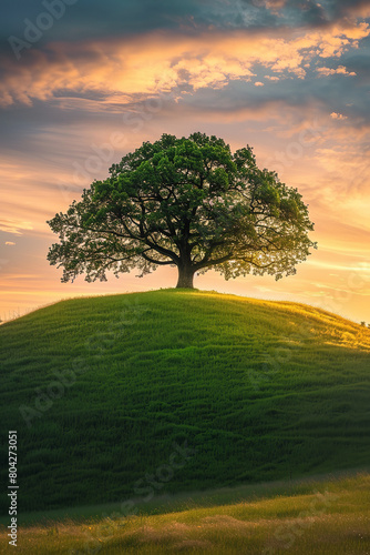 Majestic Oak Tree on Green Hill at Sunset - Simple Natural Beauty 