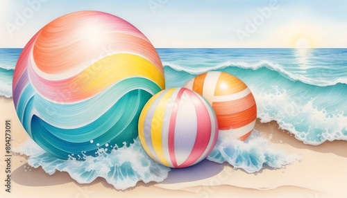 Summer beach art plastic ball on sand romantic illustration, AI generated