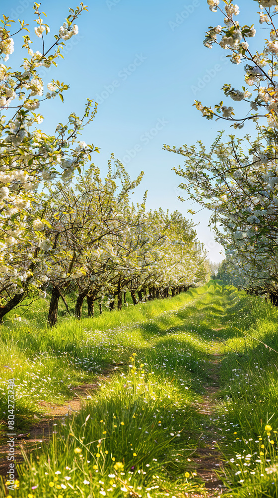 Spring Orchard Scene with Blooming Apple Trees - Rural Charm Spring Orchard Scene with Blooming Apple Trees - Rural Charm
