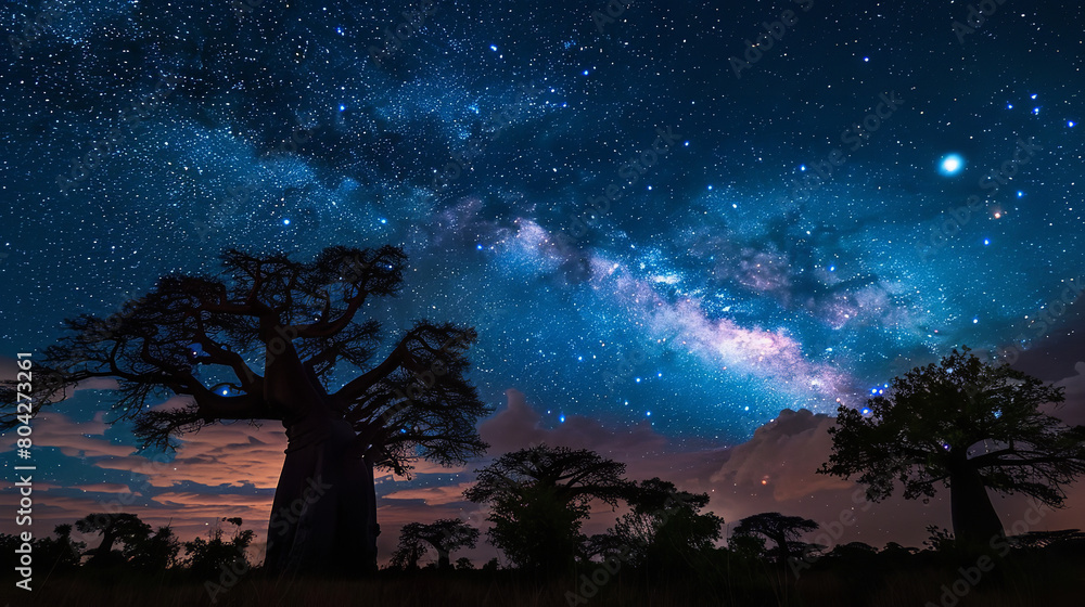 Starlit Sky Over Exotic Baobab Trees - Mysterious Night View  