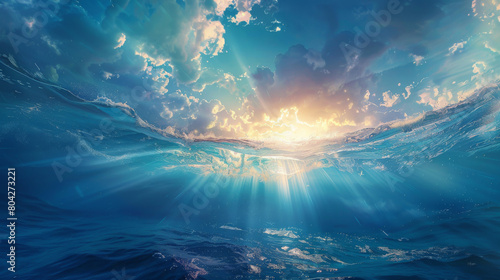 A mesmerizing view of sunlight filtering through the depths of the ocean, illuminating the underwater scene photo
