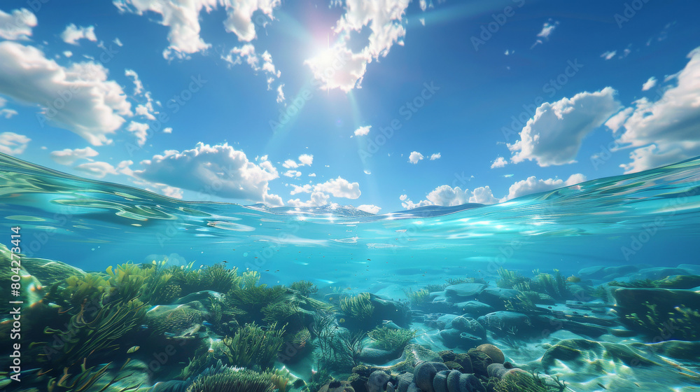 The clarity of the sky contrasts with the serenity of the shallow sea floor, revealing a vibrant ecosystem The clarity of the sky contrasts with the serenity of the shallow sea floor, revealing a vibrant ecosystem