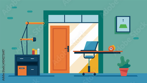A multipurpose home office and gym space with a standing desk that can be lowered to serve as a workout bench and resistance bands hanging from a. Vector illustration
