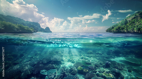 The image captures the crystal-clear waters revealing a vibrant underwater coral reef ecosystem with tropical fish