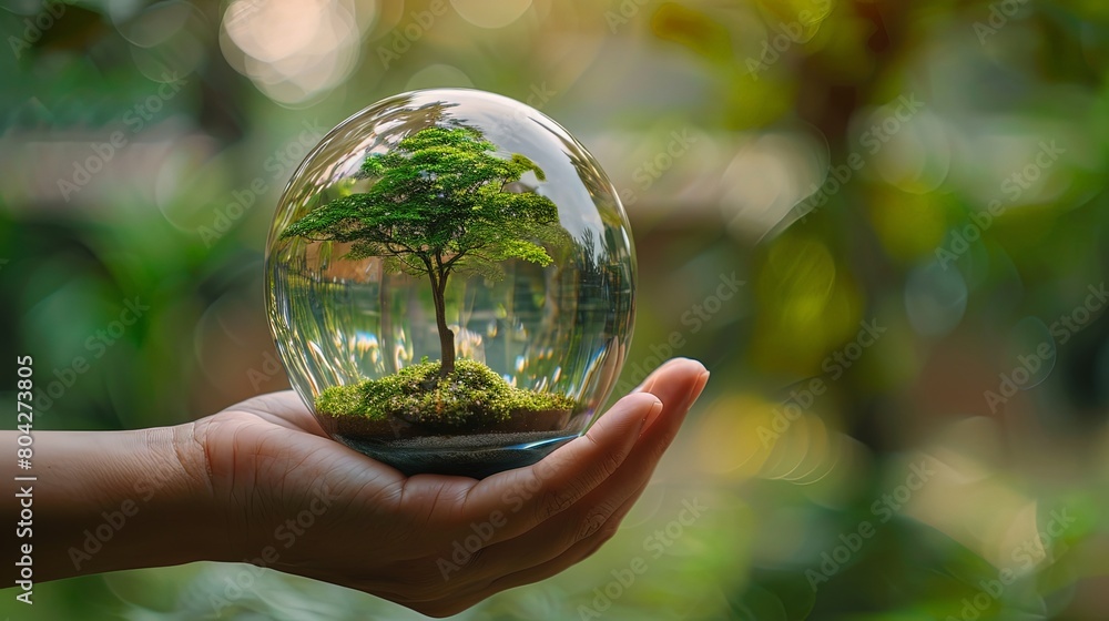 Glass globe with green tree growing inside held in palm of human hand concept of ecology Glass globe with green tree growing inside held in palm of human hand concept of ecology