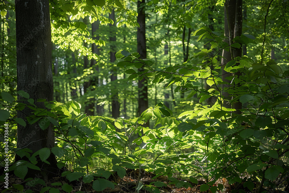 Serene Forest Landscape with Sunlit Trees and Clear Skies Serene Forest Landscape with Sunlit Trees and Clear Skies