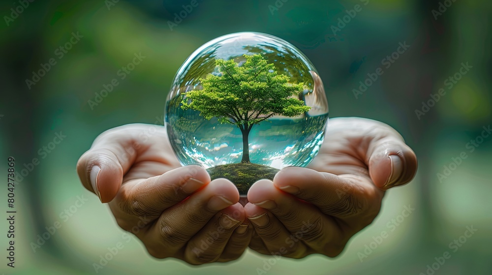 Green tree held in humna hand growing inside crystal glass planet with bright summer forest background concept of growth. Green tree held in humna hand growing inside crystal glass planet with bright summer forest background concept of growth.