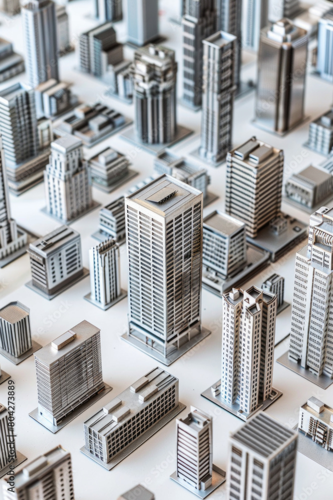 A collection of modern architectural models or miniature skyscrapers made from metal or acrylic, arranged in a grid pattern on a plain surface. A collection of modern architectural models or miniature skyscrapers made from metal or acrylic, arranged in a grid pattern on a plain surface.