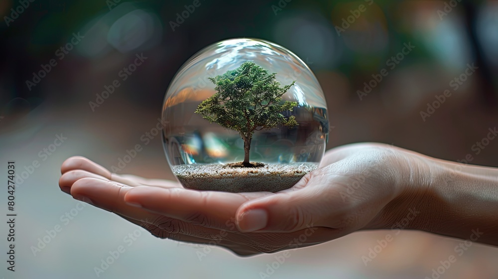 Ecology conservation concept with green tree in forest growing inside glass globe held in hand.