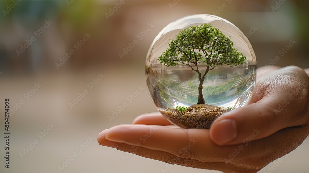 Green tree growing inside crystal ball planet held in hand by man on sunny summer background.