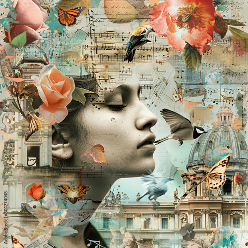 Surreal Collage of Woman's Face with Vintage Elements and Nature Motifs