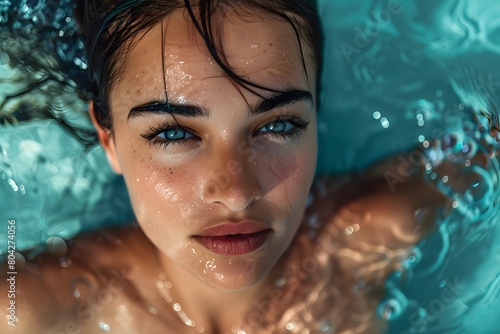 Young woman in the pool, top view, face close up. Spa and relaxation, luxury hotel. Beautiful woman portrait above the water, close-up.