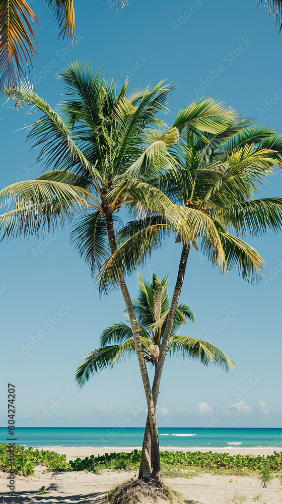 Tropical Palm Trees on Sunny Beach with Clear Blue Sky Tropical Palm Trees on Sunny Beach with Clear Blue Sky