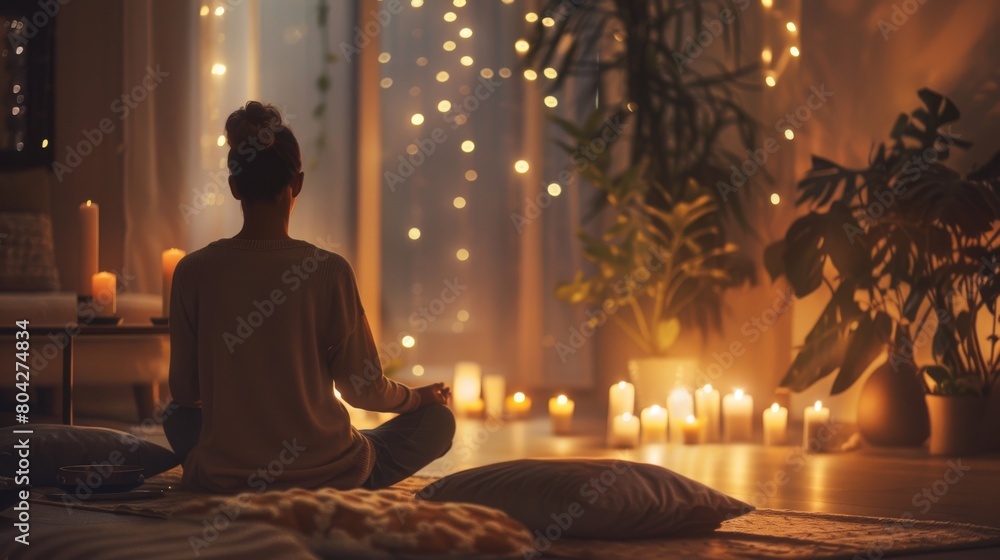 Woman sitting in yoga pose in a relaxing, cozy meditation room, surrounded by cushions, candles and warm lights. Woman sitting in yoga pose in a relaxing, cozy meditation room, surrounded by cushions, candles and warm lights.