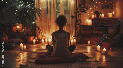 Woman sitting in yoga pose in a relaxing  cozy meditation room  surrounded by cushions  candles and warm lights.