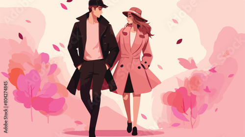 Fashionable young couple in autumn clothes on pink