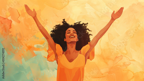 Portrait of determinated woman rising her arms up in the air in sign of self confidence,Portrait of Determined Woman with Raised Arms, Confident Woman Celebrating Success with Raised Arms
 photo