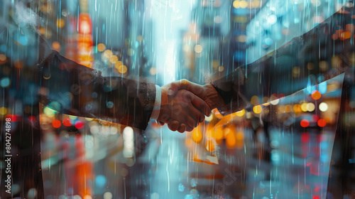 An artistic depiction of a handshake amidst rainfall with a blurred, brightly illuminated cityscape background photo