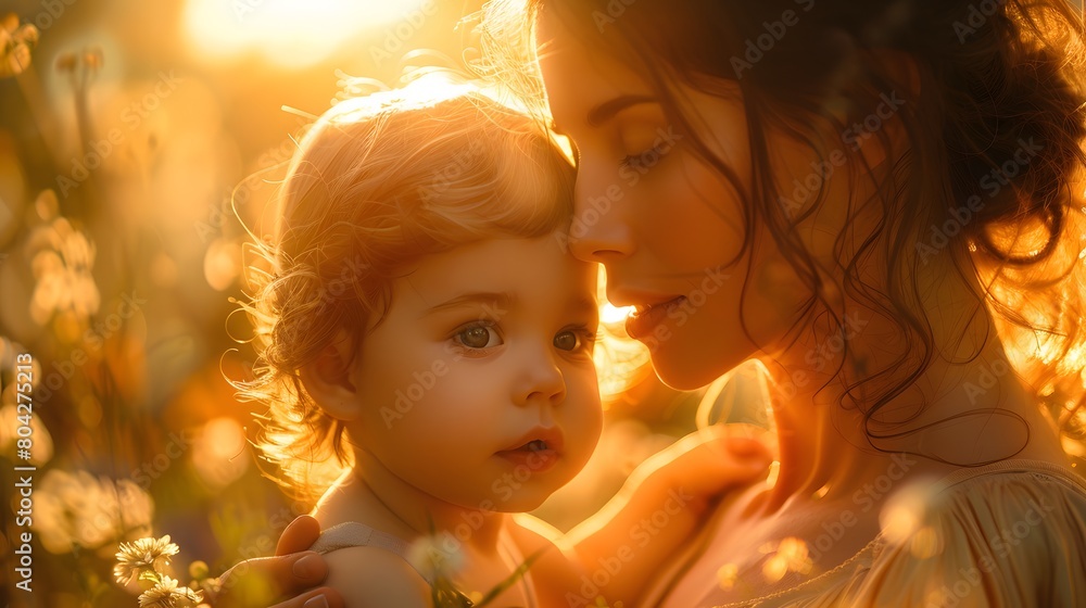 Fototapeta premium A loving embrace between a mother and child in a sunlit room
