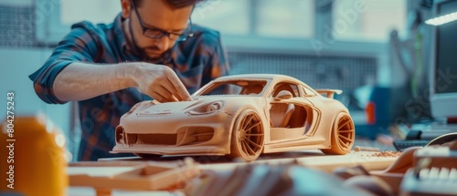 He works in a special studio located in a large car factory where he sculptures futuristic cars from plasticine clay. photo