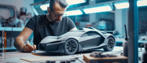 An Automotive Designer with Rake creates futuristic car models from plasticine clay in a large car factory studio.
