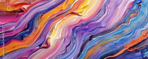 Continuous flow of paintbrush ribbons crafting an abstract wave on a colorful, textured canvas