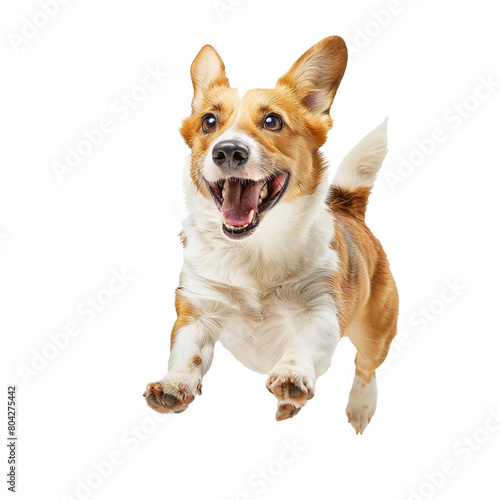 Happy cute dog running and jumping isolated on white or transparent background