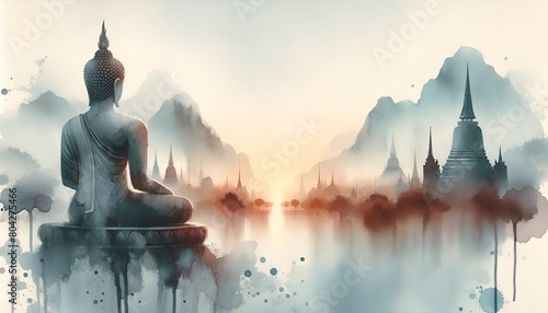 Wesak day illustration with peaceful scene of buddha statue in the temple.