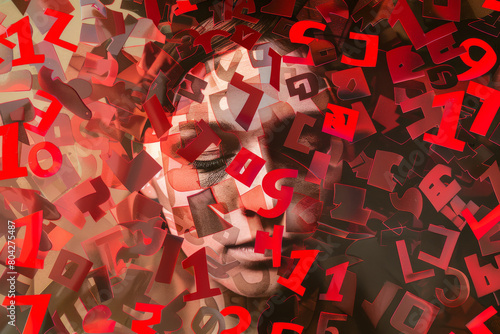 Abstract Portrait Overwhelmed by Floating Red Numbers