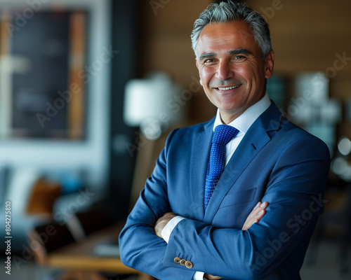 An urbane businessman with a refined aesthetic smiles in an office setting, projecting an image of success and composure photo