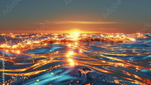 Surreal Digital Ocean Sunset with Vibrant Fire-Like Waves © Oksana Smyshliaeva