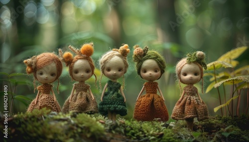 Girl friend dolls are standing in the forest, their outfits are in different colors. Toys made of wool by felting technology. Fairy-tale character. Handmade. Design for cover, card, postcard, etc.